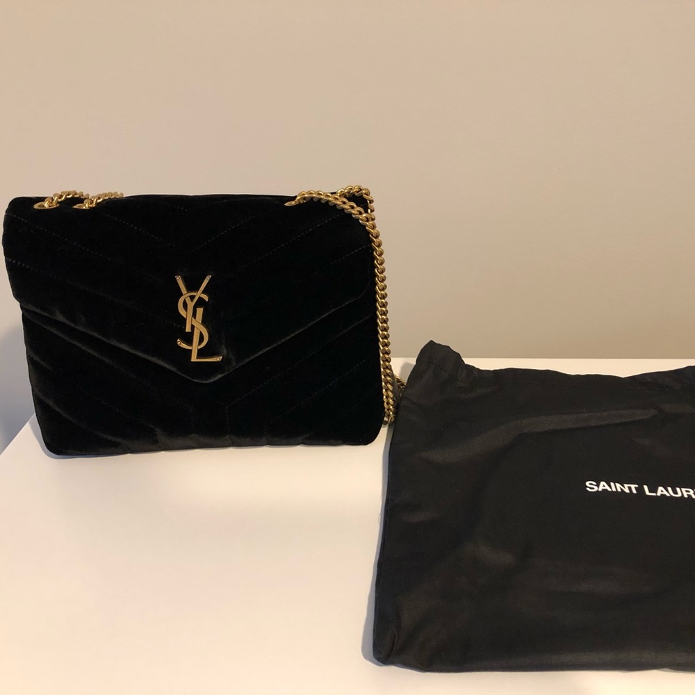 Yves Saint Laurent Velvet Black Bag with Gold Accents